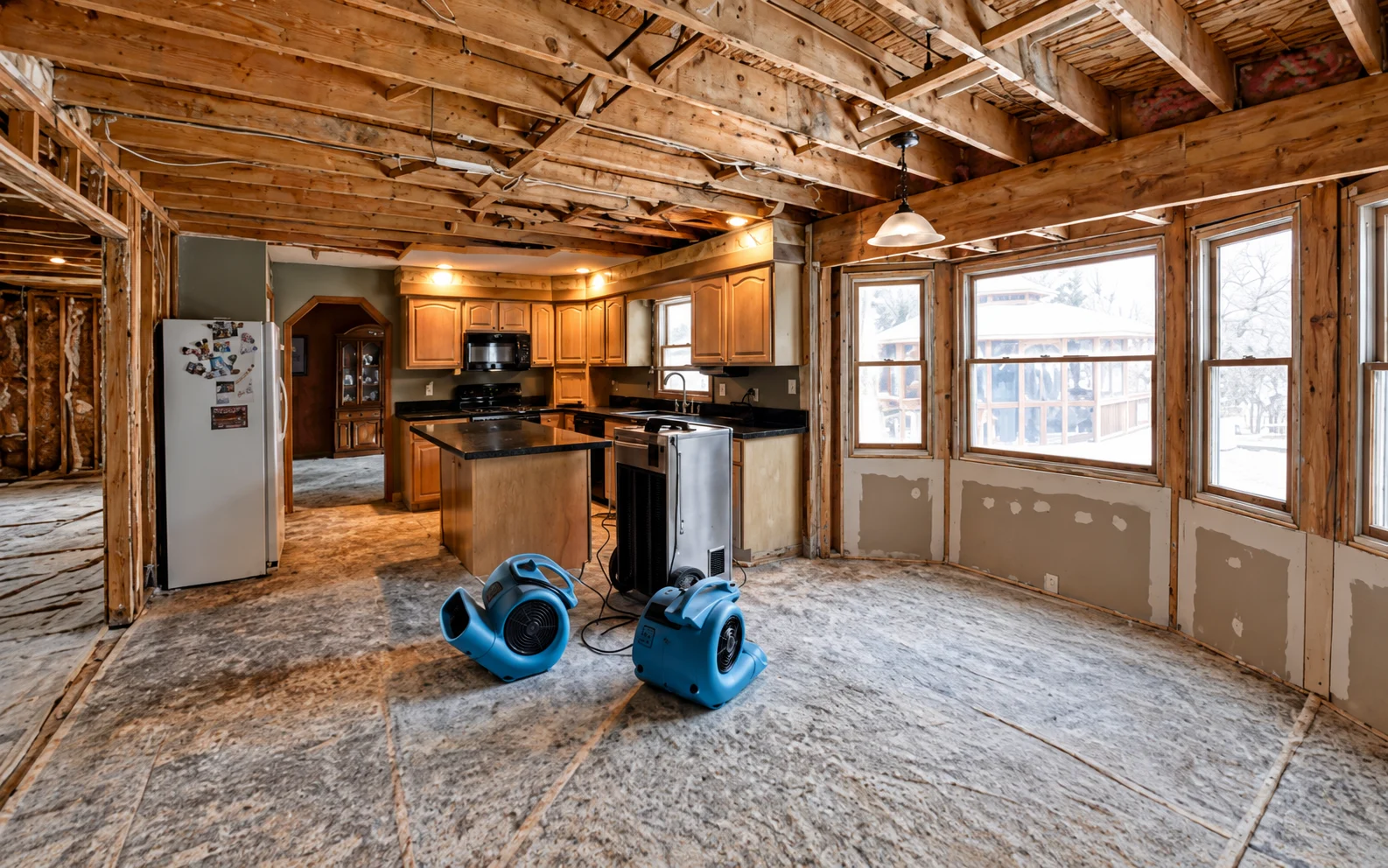 A restoration kitchen with exposed framing, insulation, windows, cabinets, counters, appliances, sink, faucet, hanging light, dehumidifier and two air movers.